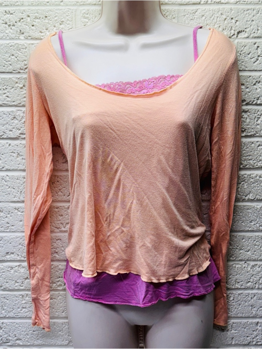 VTG‼ Y2K 2000s GAP M Peach Orange & Pink Long Sleeve Two-Tone Layered Set • VG‼